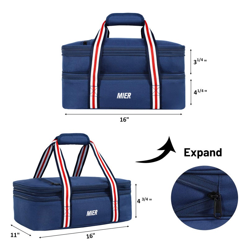 MIER Insulated Double Casserole Carrier Thermal Lunch Tote for Potluck Parties, Picnic, Beach, Fits 9 x 13 Inches Casserole Dish, Expandable by Mid Zipper, Navy - Image 5